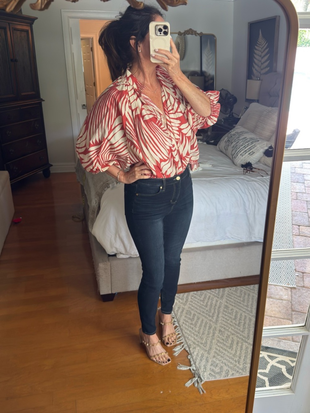 H&M Red and White Striped Leaf-Pattern Blouse in size 10 - Picture 4 of 7
